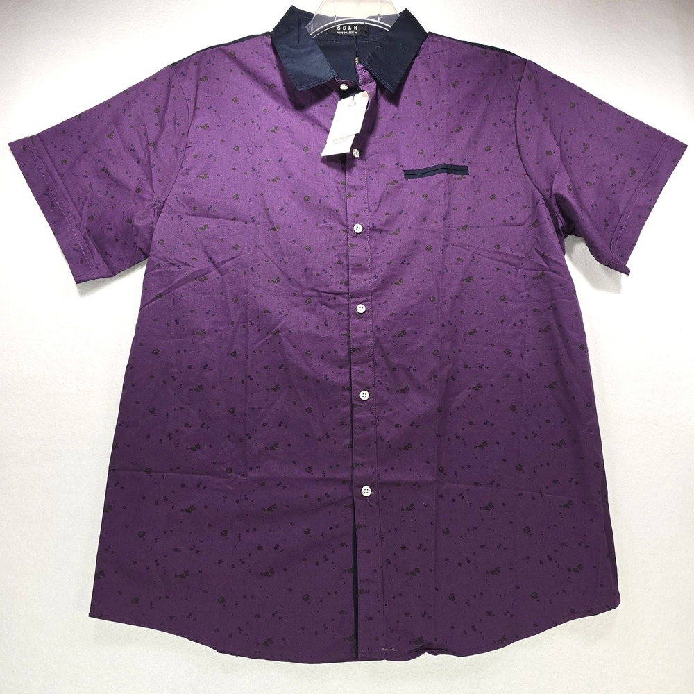 SSLR Mens Cotton Short Sleeve Button Up Shirt Purple Splatter Print Large NEW